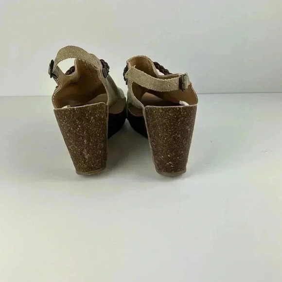 BLOWFISH NWOT SIZE 10 TAN DENIM FABRIC WITH BROWN LEATHER TRIM WEDGE - Picture 5 of 9